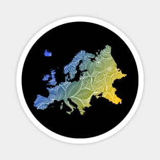 Colorful mandala art map of Europe with text in blue and yellow Magnet